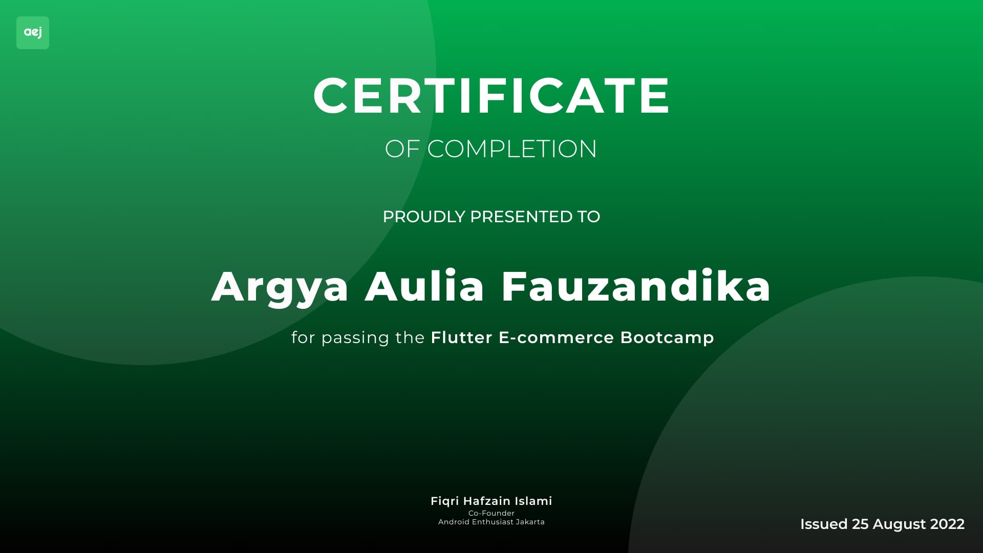 Flutter E Commerce Bootcamp certificate preview