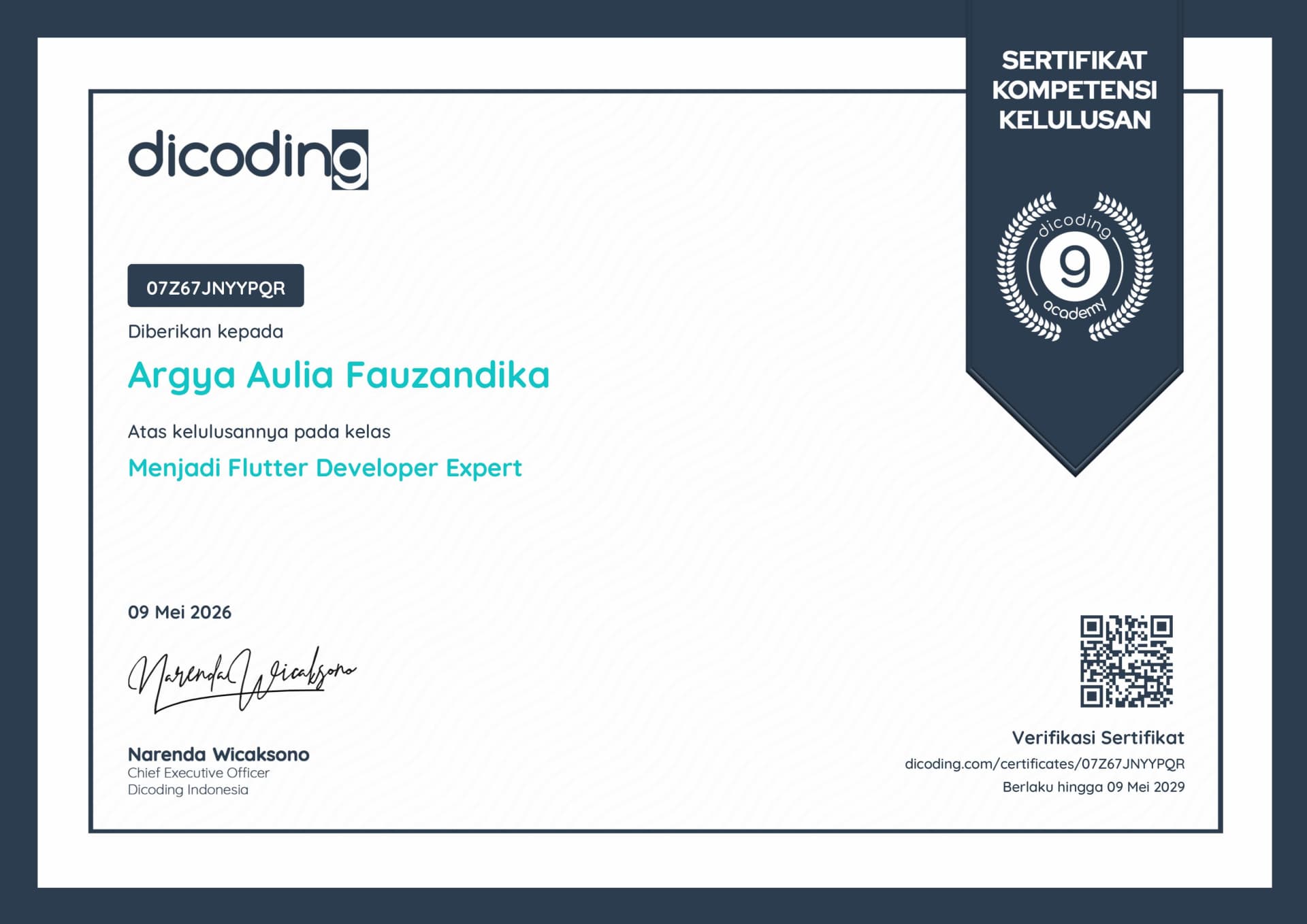 Dicoding Flutter Developer Expert certificate preview
